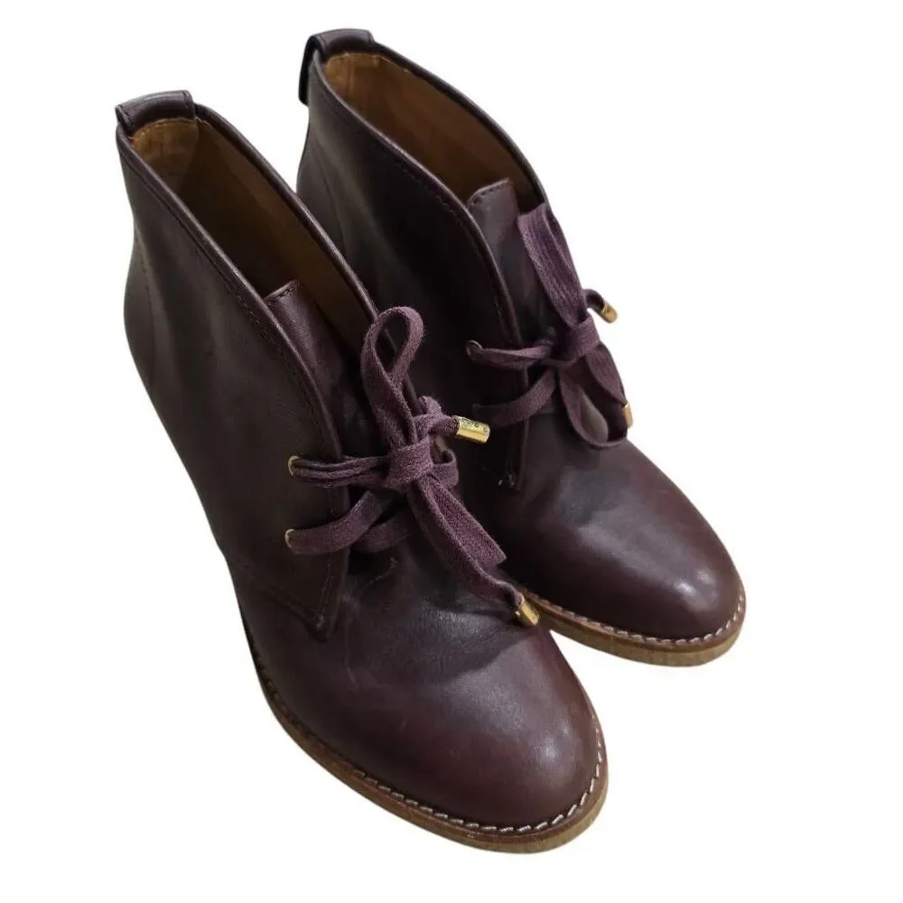 Coach Nikol Bootie Women's 5B Burgundy Leather Lace Up‎ Block Heel Boots Q1666